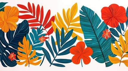 Vibrant Tropical Floral Composition Bold Colors, Lush Leaves, Summer Design, White Background Tropical,Floral,Leaves
