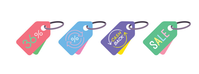 Promotion tags vector set includes percent discount, return, cashback and sale label. Bright Color for e-commerce, marketing and seasonal campaigns. Editable stroke and flat vector illustration.