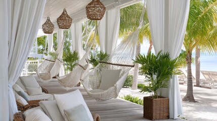 tropical resort veranda, hammock chairs, shell lanterns, white drapes, beach breeze, tranquil setting