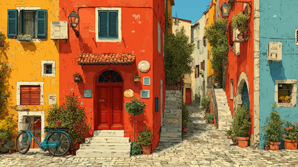 Naklejka premium Old italy town street house cartoon vector illustration set. Vintage italian village or european city neighborhood view. Mediterranean architecture icon scenery design. Tuscany landmark image