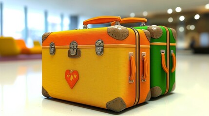 Vintage Suitcases Gradient Color, 3D Render, Travel Concept, Luggage, Vacation Luggage, Travel