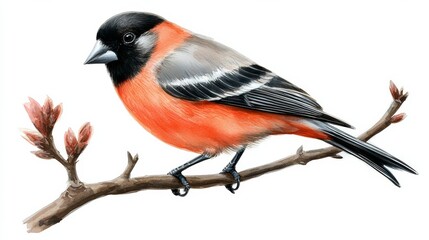 Watercolor Bullfinch Bird on Branch Spring Composition, Wildlife Art, Bird Illustration, Bullfinch, Watercolor Painting