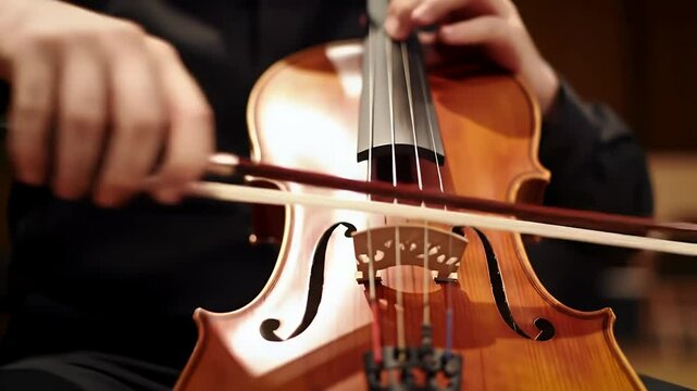 Close-up of Musician Playing Cello, Bowing Strings During Classical Performance