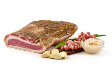 Smoked bacon. Streaky brisket slices, isolated on white background.