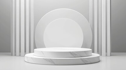 White Marble Two-Tiered Podium with Geometric Backdrop, Minimalist Product Display, Abstract Background, Mockup, 3D Render, Abstract Design ,product display