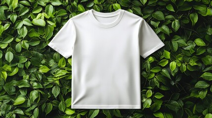 White T-Shirt Mockup Green Leaf Background, Eco-Friendly Apparel, Sustainable Fashion. tshirt mockup, eco fashion