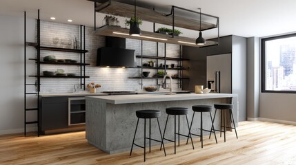 urban industrial kitchen, concrete countertops, open metal shelving, black appliances, moody lighting 