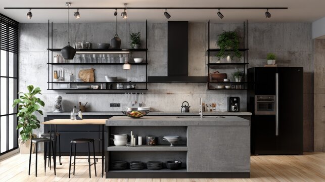urban industrial kitchen, concrete countertops, open metal shelving, black appliances, moody lighting