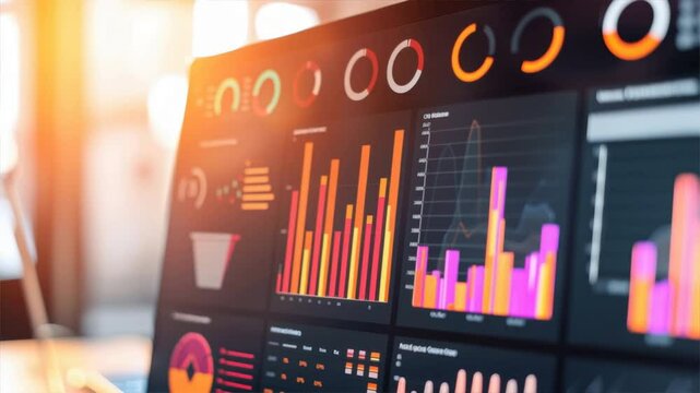 A close-up view of an interactive dashboard displaying colorful data visualizations and graphs for analysis.