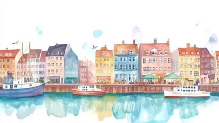 Fototapeta premium Scenic view of Nyhavn, Copenhagen hand-drawn watercolor illustration style, vibrant colors, detailed historic buildings