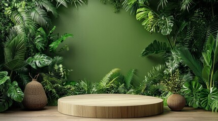 Wooden Round Podium Tropical Leaves Green Background, Product Display, Mockup, 3D Render, Jungle, Greenery