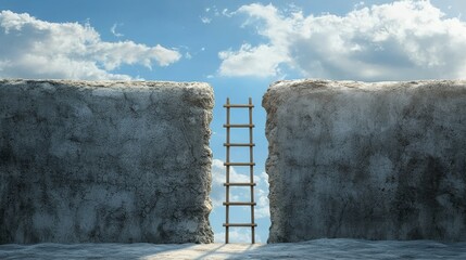 Wooden Ladder Bridging Concrete Wall Gap 3D Render, Sky Background, Opportunity Concept, Success, Achievement Success, Opportunity