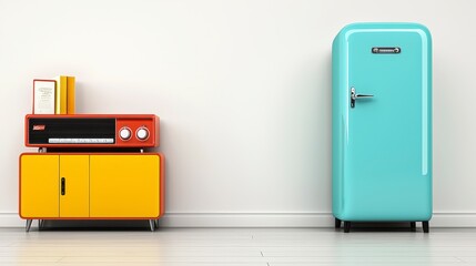 Retro Teal Refrigerator and Orange Cabinet in Minimalist Kitchen Setting