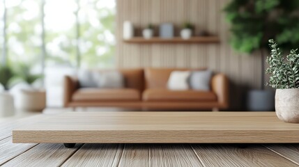 Wooden Tabletop Mockup Blurred Living Room Background, Product Display, Minimalist Design, Home Decor, Interior Design, Plant Pot Mockup, Tabletop