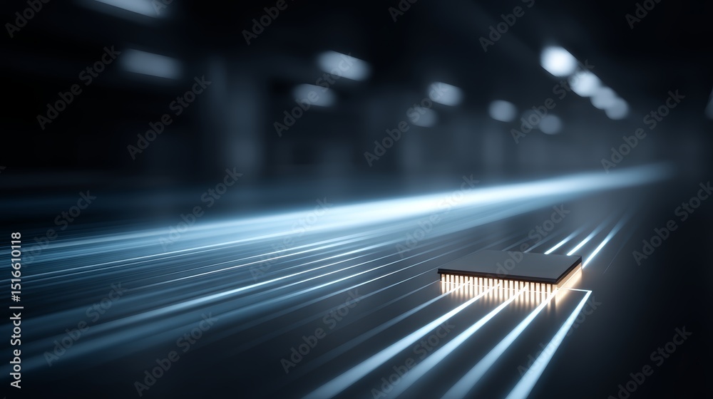 Poster Futuristic microchip with glowing neon blue circuits embedded on dark metallic surface, hightech digital component with intricate textures and soft light reflections, emphasizing advanced technology 
