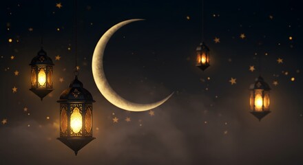 Crescent Moon, Stars, and Glowing Lanterns A Nighttime Celestial Scene