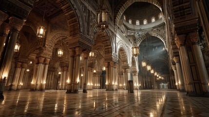 Majestic Grand Mosque Interior with Ornate Arches and Golden Lights Architecture Spirituality