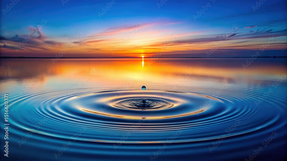 Poster serene sunset reflection a single drop creates concentric circles on calm water