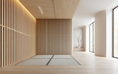 zen-inspired empty room with warm wooden slatted walls, tatami-style light flooring, soft natural lighting