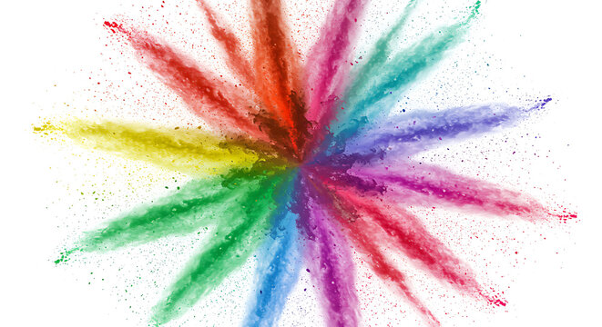 Vibrant rainbow color powder explosion isolated on white background