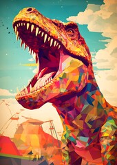 Colorful T-Rex sculpture under the sky