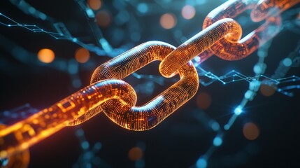 Close-up of glowing digital chain link symbolizing blockchain technology connection and cybersecurity concept