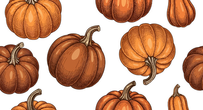 Pumpkin pattern with hand drawn style on white background for autumn design

