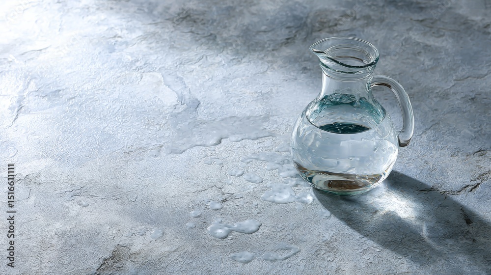 Poster crystalclear water in sleek glass pitcher with condensation droplets on a minimalist white table, il