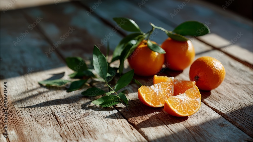 Poster closeup of fresh orange slices and whole oranges with green leaves on rustic wooden table illuminate