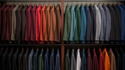 A professional clothing rack display showing a rainbow-colored collection of men's dress shirts arranged in ascending color order.