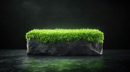 Detailed close-up of rectangular grassy moss-covered stone block on reflective dark surface against black background