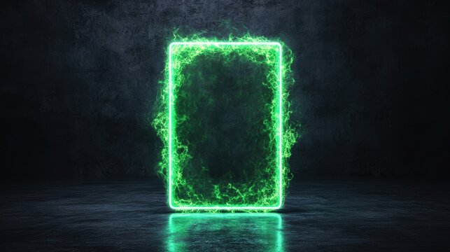 Vibrant green glowing energy frame surrounding a smartphone outline with electric sparks and digital effects - Powered by Adobe
