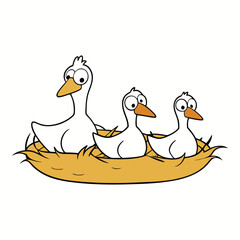 Geese rest peacefully on straw nests, their soft feathers fluffed as they guard their eggs in cozy, rustic shelters, evoking a serene farmyard scene.
