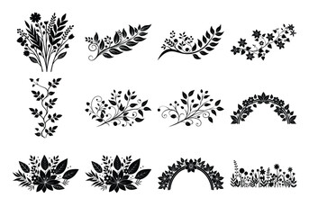 Silhouette ivy liana set  on white background , Silhouette Floral vine Design Ornaments set 4