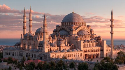 Fototapeta premium Ottoman Majesty Suleymaniye Mosque in Istanbul Islamic Architecture Sunset Light Historical Beauty