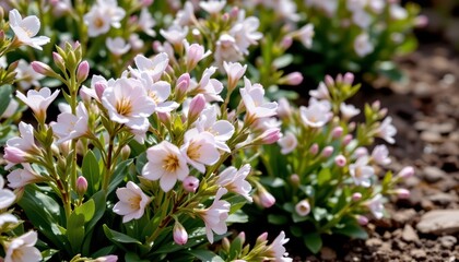 Fototapeta premium a close up of small pink flowers with yellow centers, growing in a row along a patch of soil. the flowers are vibrant and appear freshly bloomed