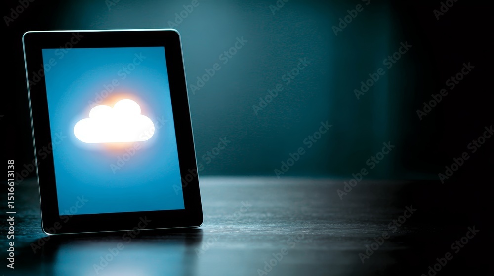 Poster Closeup of neonlit tablet displaying glowing data cloud icon on dark hightech background representing cloud computing innovation with copy space