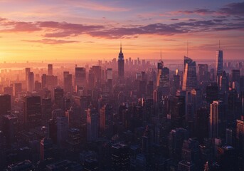 Fototapeta premium Cityscape view at sunset with skyscrapers and clouds