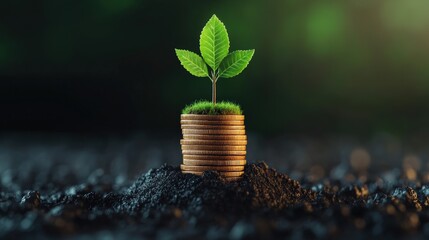 Growing plant with green leaves sprouting from a stack of coins symbolizing investment and environmental growth