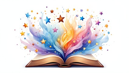 Open Book with Colorful Magic and Stars on a White Background