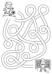 Maze activity sheet for children. Cute maze for kids. Kids labyrinth puzzle. Black and white maze puzzle game for children with illustration of boys playing soccer.