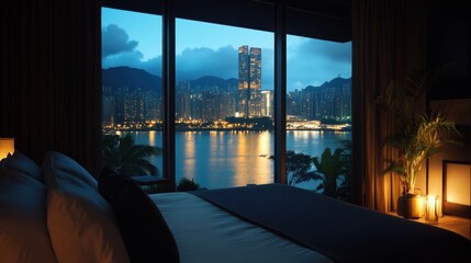A panoramic window with a breathtaking view of the urban skyline at night.