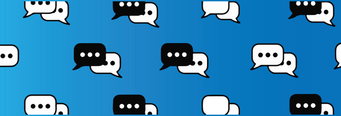 Speech Bubble Icon Pattern Vector – Black and White Message Chat Balloons on Blue Background for Communication, Talk, and Social Media Themes