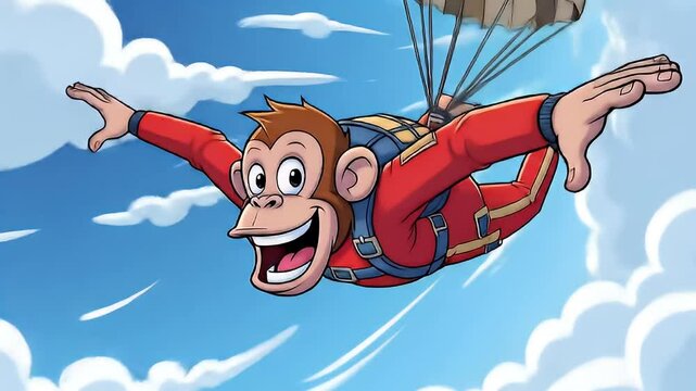 Cartoon monkey skydiving in bright sky