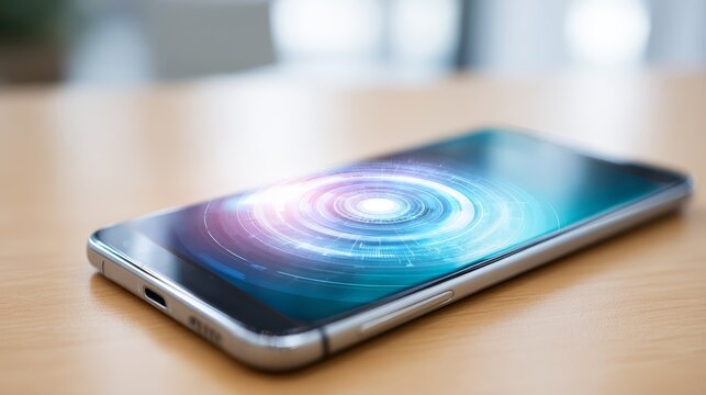 Futuristic smartphone with holographic data interface on wooden surface, closeup view showing colorful digital visuals and soft light glow, modern technology for innovation and connectivity - Powered by Adobe