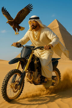 sheik arabe mostrando o seu poder de riqueza em um deserto com sua &aacute;guia e sua moto (Arab sheik showing his power of wealth in a desert with his eagle and his motorcycle)