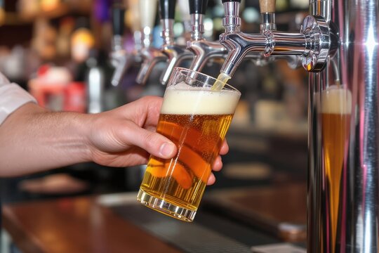 Golden beer pouring into glass from tap, held by hand, bar background - Powered by Adobe