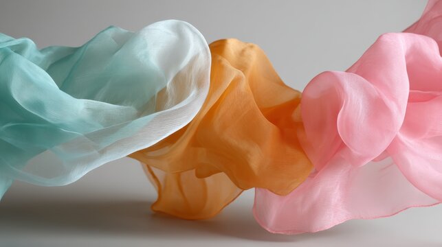Elegant closeup of flowing pastel sheer fabrics in soft pink, mint, and peach hues with a minimalist background, capturing movement and delicate textures for artistic and fashion inspiration