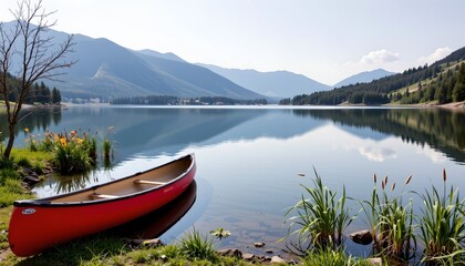 a serene lakeside setting with a small red canoe docked near the shore. the water reflects the light, indicating it might be early morning or late afternoon