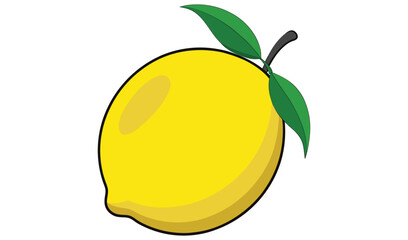 Single yellow lemon with green leaves illustration